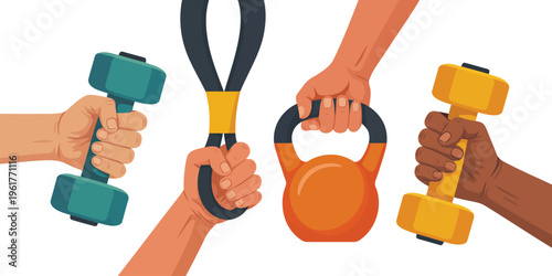 Four different hands grasping fitness weights like dumbbells and a kettlebell for diverse workouts