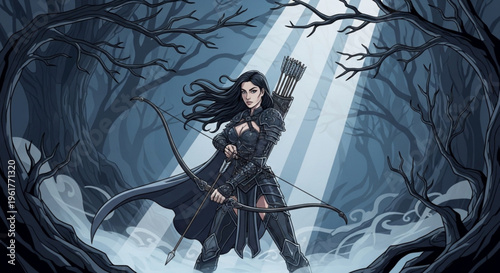 Mysterious female archer in dark attire stands ready with bow and quiver in misty forest under dramatic lighting