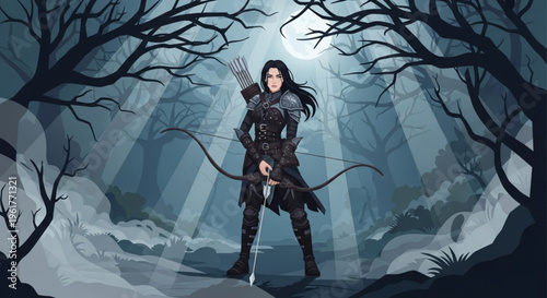 Female archer in dark forest with bow and arrow under moonlight