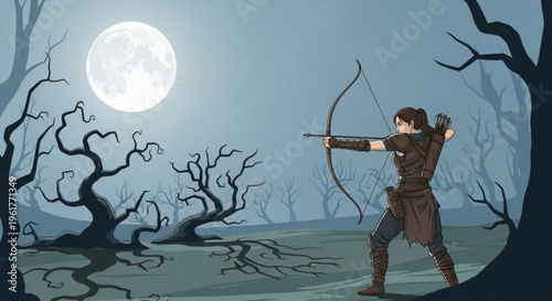 Woman archer aims bow under full moon in dark mystical forest with bare trees