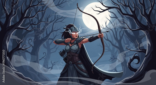 Female archer aims bow under moonlight in dark forest with bare trees