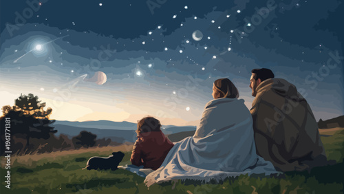 Family stargazing together on a hill at dusk with a dog looking at constellations