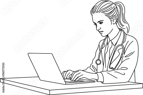 Professional female healthcare worker focused on her laptop, wearing a stethoscope, depicted in a black and white line drawing