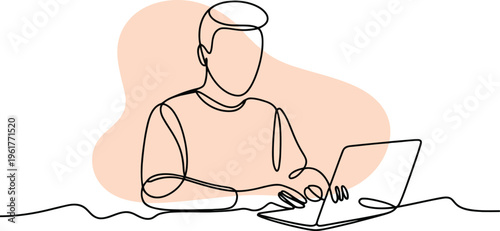Minimalist continuous line drawing of a person actively using a laptop against a light peach shape