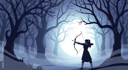 Woman in dark dress aims bow and arrow at moonlit forest target with bare trees and foggy atmosphere