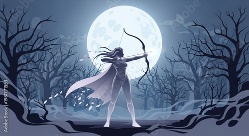 Woman archer aims bow under full moon in dark mystical forest with bare trees and misty atmosphere