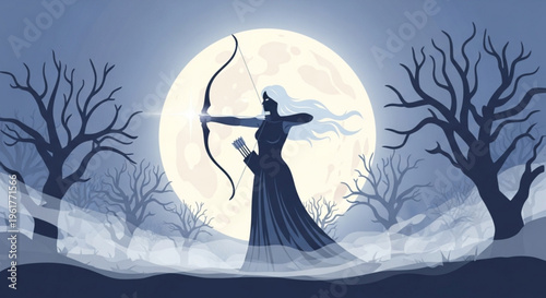 Woman in long dress shooting bow and arrow under full moonlight with bare trees in mystical landscape