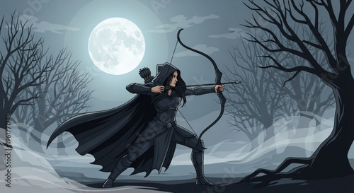 Woman in black cloak aiming bow and arrow under full moon in snowy forest with bare trees