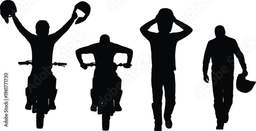 Set of black silhouettes showcasing motocross riders and enthusiasts with helmets in various dynamic actions