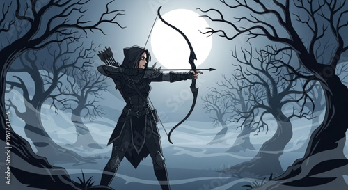 Archer in dark attire aims bow under moonlight in misty forest with bare trees night scene fantasy
