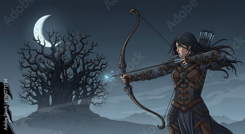 Female archer aims bow under moonlit night sky with bare tree silhouette