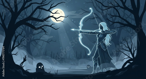 Mysterious archer with glowing bow and arrow stands in dark forest under full moonlight with spooky atmosphere and foggy background