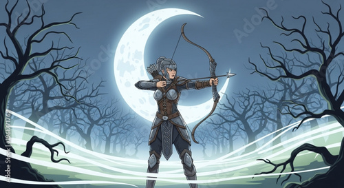 Woman archer in dark outfit aims bow under crescent moon in mystical forest with bare trees and eerie fog