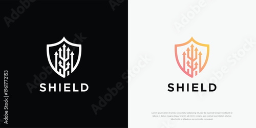 Digital Shield Logo Design with Abstract Cyber Security Arrows and Network Data Flow