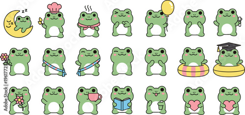 Collection of cute frog character vector illustrations showing emotions activities accessories outfits and daily life cartoon expressions set