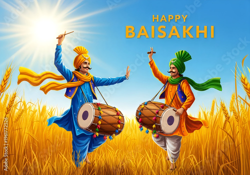 Happy Baisakhi Festival Celebration: Two Men Dancing with Dhol Drums in Golden Wheat Field under Sunny Sky