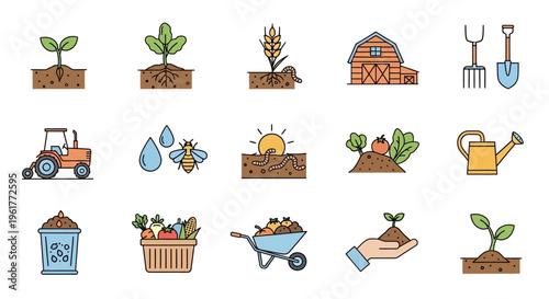 Garden icons with various tools equipment.