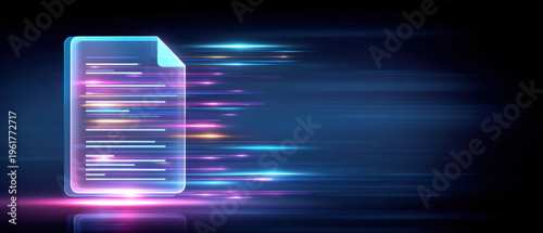 Digital data document glowing with motion and colorful light streaks conveying fast information