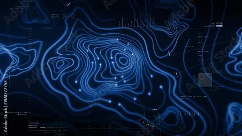 Futuristic holographic topographic environment featuring dynamic geomorphological terrain visualization, integrated into an advanced motion graphic user interface with a head-up display screen