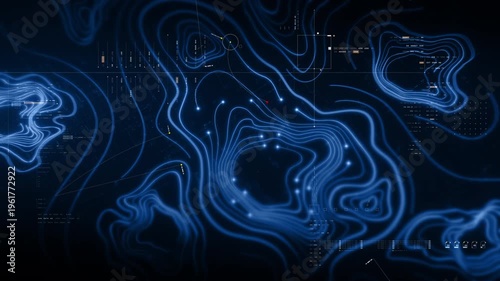 Futuristic holographic topographic environment featuring dynamic geomorphological terrain visualization, integrated into an advanced motion graphic user interface with a head-up display screen