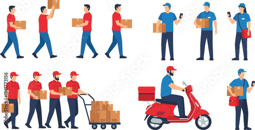 Collection of delivery service vector illustrations showing couriers carrying boxes walking using trolley scooter and logistics workflow concepts