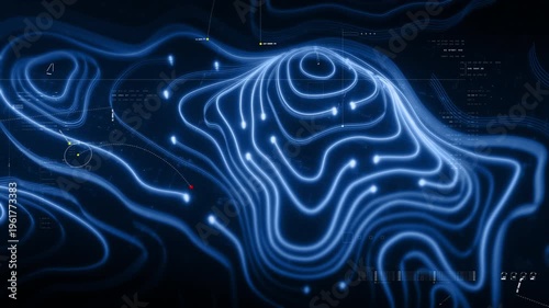 Futuristic holographic topographic environment featuring dynamic geomorphological terrain visualization, integrated into an advanced motion graphic user interface with a head-up display screen