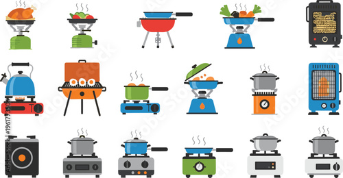Collection of cooking stove vector icons including gas burners grills kettles pots pans and portable camping stoves illustrations