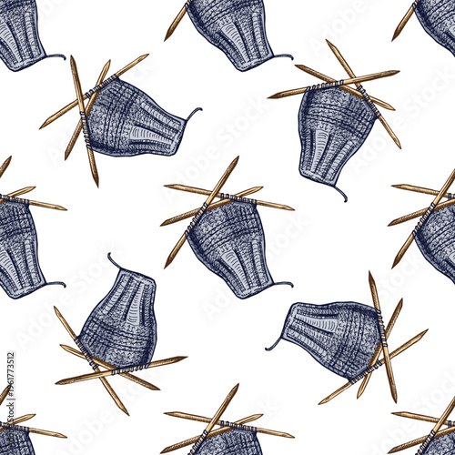 Hand drawn vintage seamless pattern of knitting needles with yarn knitted fabric craft textile repeat background design