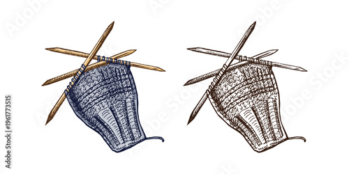 Hand drawn vintage sketch of knitting needles with yarn knitted fabric color and outline version craft illustration