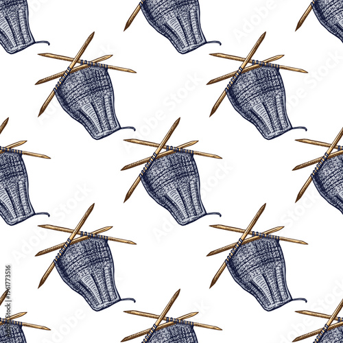 Hand drawn vintage seamless pattern of knitting needles with yarn knitted fabric craft textile repeat background design