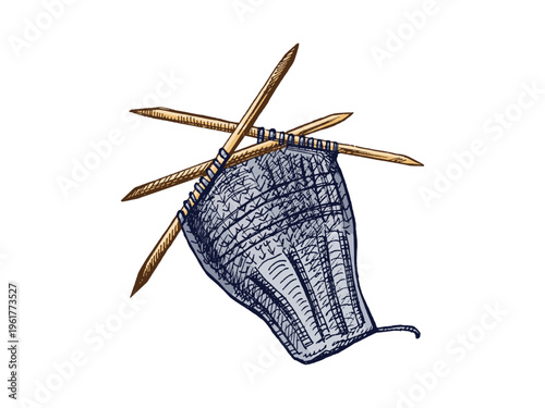 Hand drawn vintage sketch of knitting needles with yarn knitted fabric craft hobby illustration isolated element