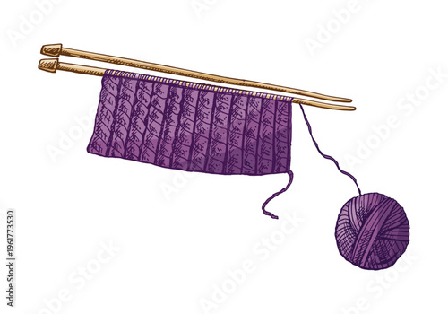 Hand drawn vintage sketch of knitting needles with yarn ball and knitted fabric textile craft illustration isolated
