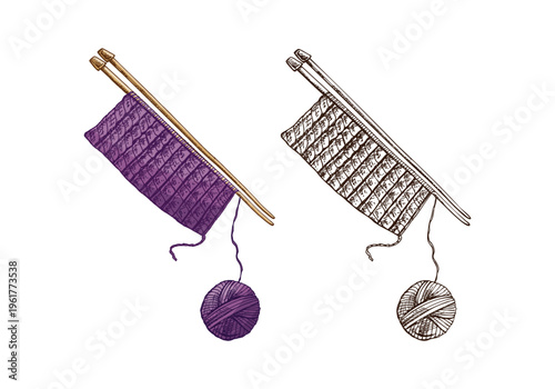 Hand drawn vintage sketch of knitting needles with yarn ball and knitted fabric set colored and monochrome illustration