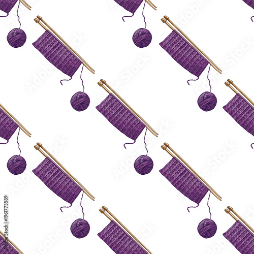 Hand drawn vintage seamless pattern of knitting needles with yarn ball and knitted fabric textile repeat background design