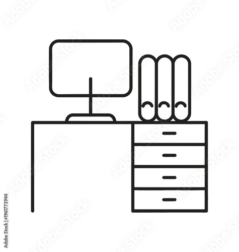 Clean desk with a computer, books, and a drawer cabinet