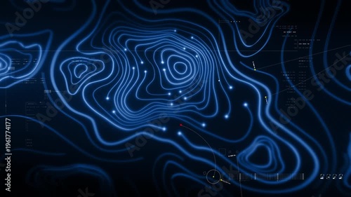 Futuristic holographic topographic environment featuring dynamic geomorphological terrain visualization, integrated into an advanced motion graphic user interface with a head-up display screen