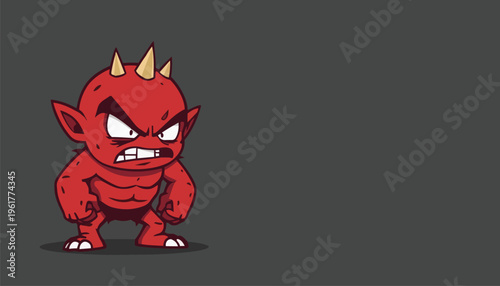 Angry red cartoon devil monster with horns, aggressive expression, muscular fantasy creature character, flat vector illustration isolated on dark background for mascot design.