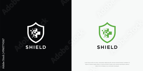 Digital Health Shield Logo with Pixelated Medical Cross