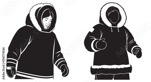 Vector graphic illustration depicting two individuals wearing traditional arctic parkas and warm clothing
