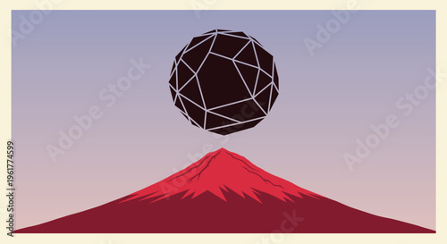 Abstract geometric sphere hovers mysteriously above a stylized red mountain vector illustration.