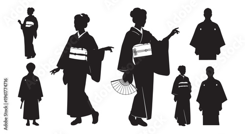Traditional Japanese kimono wearers vector graphic illustration for cultural design projects.