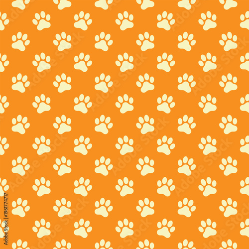 Seamless paw print pattern on orange background. Ideal for pet apparel, cute t-shirt designs, Bandana, wrapping paper, and nursery wallpaper.