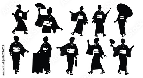 Silhouettes of Japanese women in kimonos with traditional poses and accessories vector illustration