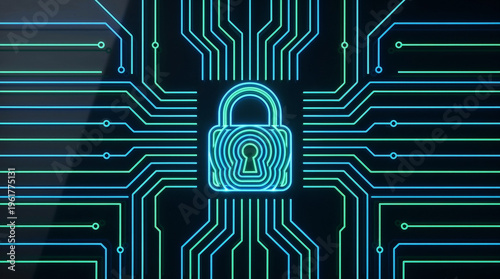 Abstract cybersecurity concept with glowing digital lock symbol.