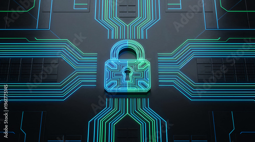 Abstract cybersecurity concept with glowing digital lock symbol.
