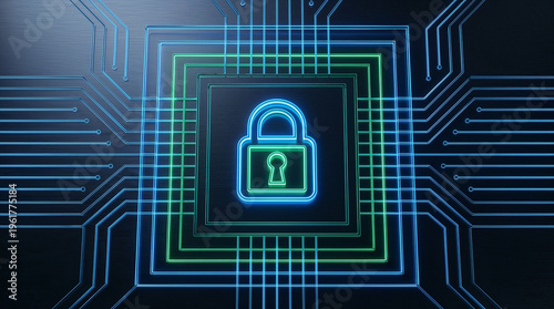 Abstract cybersecurity concept with glowing digital lock symbol.