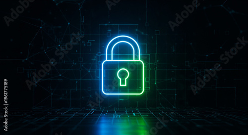 Abstract cybersecurity concept with glowing digital lock symbol.