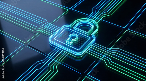 Abstract cybersecurity concept with glowing digital lock symbol.