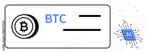 Cryptocurrency, blockchain, artificial intelligence, digital finance, fintech, cloud technology. Bitcoin logo alongside AI chip and cloud symbol. Cryptocurrency and blockchain concept