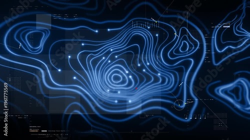 Futuristic holographic topographic environment featuring dynamic geomorphological terrain visualization, integrated into an advanced motion graphic user interface with a head-up display screen